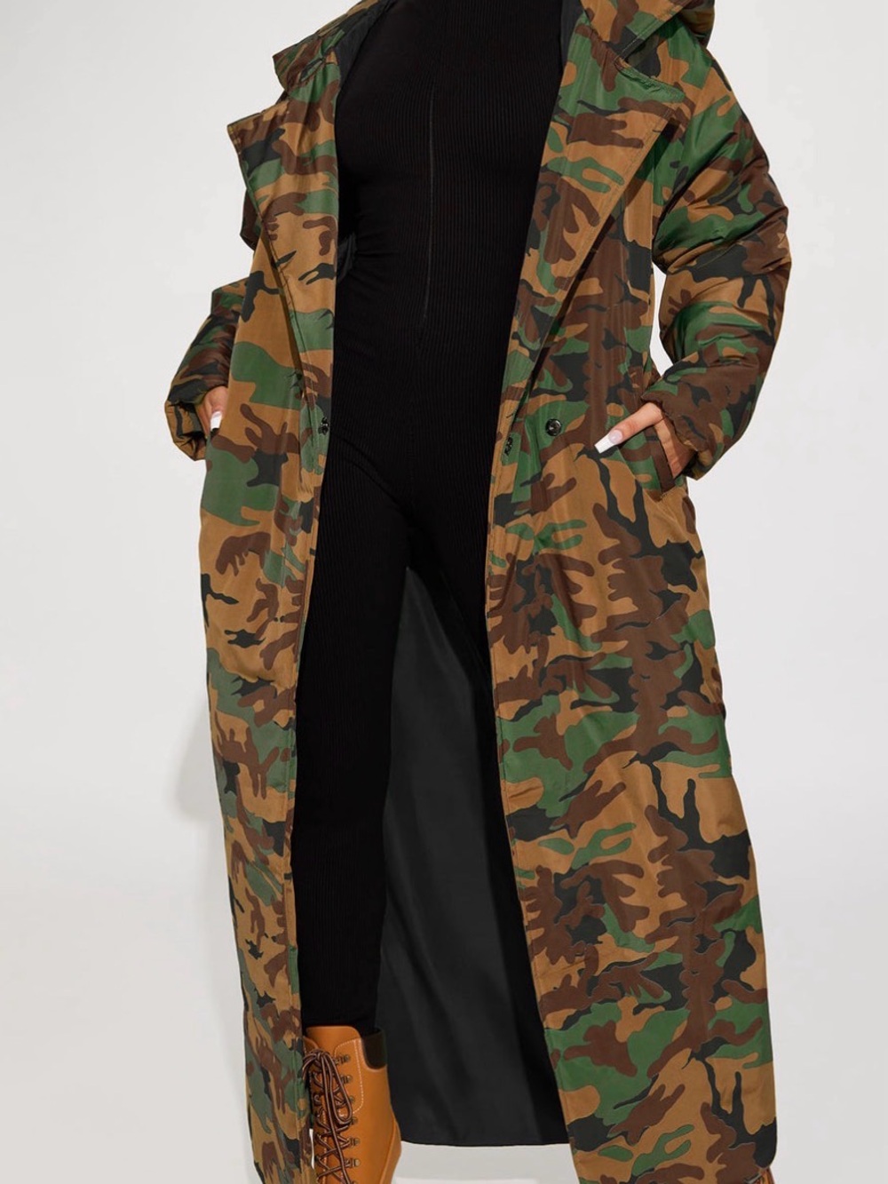 Camouflage Long Puffer Coat - Green/Brown Camo Sz Small